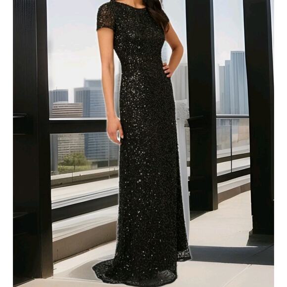 NWT! Adrianna Papell Women's Off Shoulder Black Sequins Maxi Gown Sz 14 $299 - Picture 3 of 12
